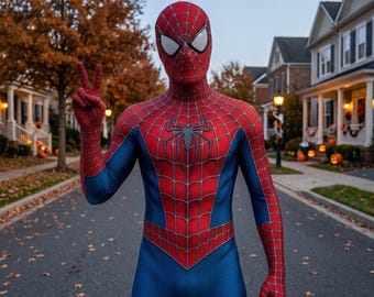 Costume de Spiderman adulte – Combinaison intégrale rouge et bleue pour cosplay, body de super-héros masqué, tenue d'Halloween pour hommes et femmes
