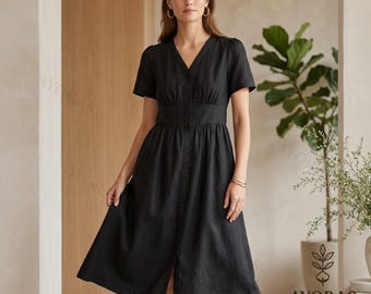 Linen Button Front Midi Dress – Summer V Neck Dress, Short Sleeve A Line Dress, Casual Minimalist Cotton Blend Dress for Women