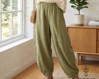 Linen Harem Pants for Women – Boho Loose Cotton Linen Pants, Wide Leg Hippie Trousers, Elastic Waist Summer Pants, Casual Lounge Pants