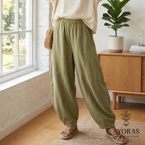 Pantalones harem de lino para mujer – Pantalones bohemios holgados de algodón y lino, pantalones hippies de pierna ancha, pantalones de verano con cintura elástica, pantalones casuales para estar en casa.