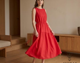 Sleeveless Linen Midi Dress – Minimalist Cotton Linen Dress, Summer Tank Dress, Loose Casual Dress, Boho Women Dress