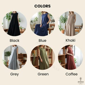 May include: A selection of sleeveless maxi dresses in various colors, including black, blue, khaki, grey, green, and coffee. The dresses are displayed in a circular format with the color name below each dress. The word "COLORS" is at the top.