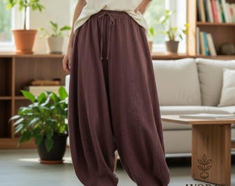 Women’s Linen Harem Pants – Zen Style Loose Fit Boho Bloomers, Washed Cotton Trousers, Renaissance Fall Fashion