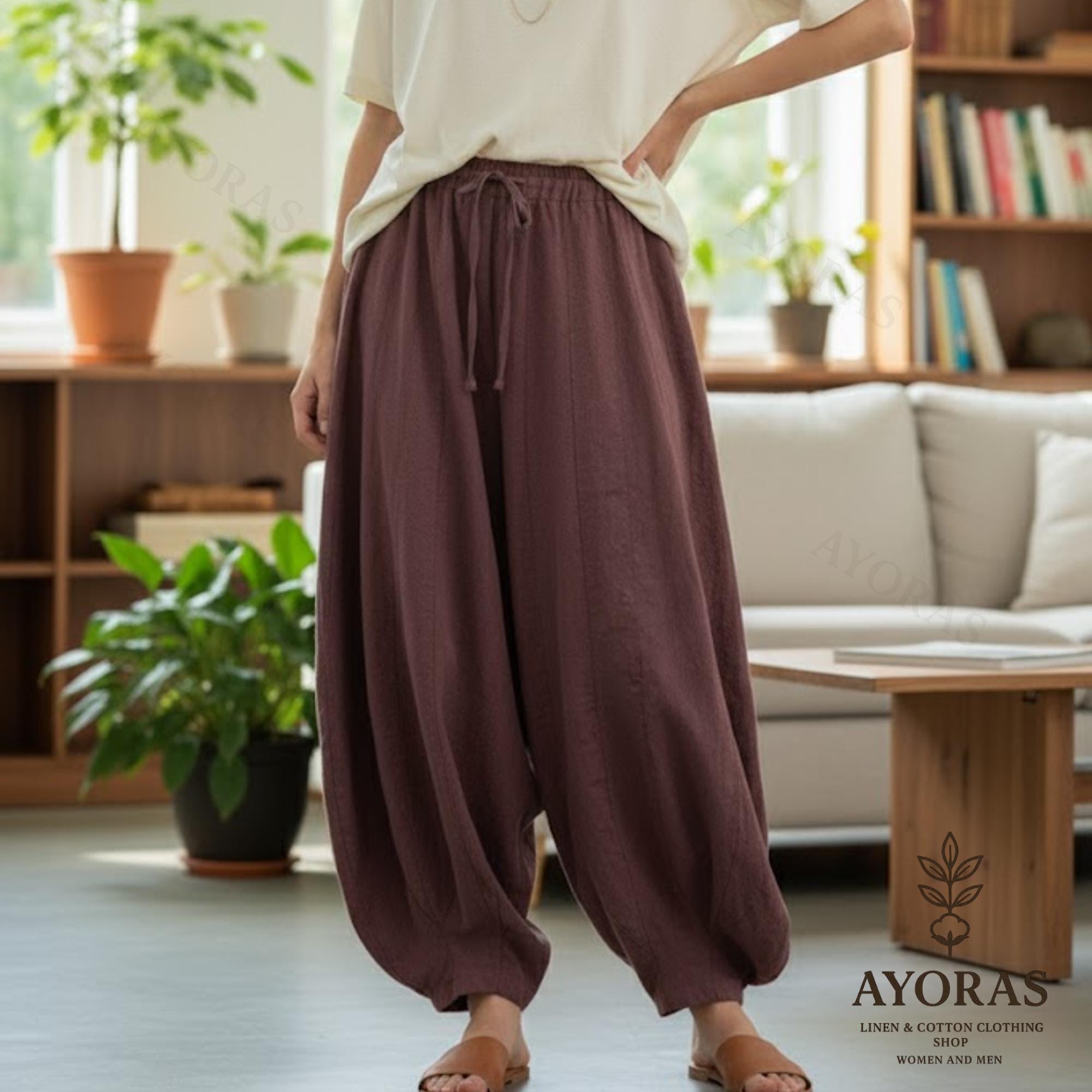 ROBEdePEAU HAREM PANTS リネン BLACK Gauze Black Side Tie Cotton