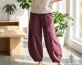 Women’s Linen Pants – Loose Boho Harem Trousers, Cotton Linen Wide Leg Pants, Elastic Waist Casual Lounge Summer Pants