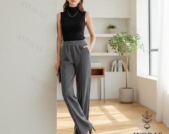 Women’s Wide Leg Knit Pants – High Waist Straight Lounge Trousers, Soft Stretch Casual Work Pants, Knit Slacks, Minimalist Comfort Bottoms