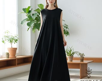 Sleeveless Cotton Maxi Dress for Women – Loose Fit Long Summer Dress with Pockets, Minimalist Linen Style, Casual Boho Chic Outfit