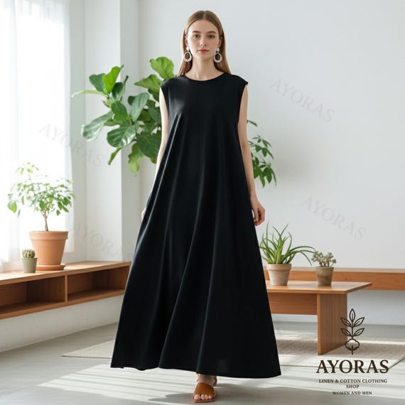 Sleeveless Cotton Maxi Dress for Women – Loose Fit Long Summer Dress with Pockets, Minimalist Linen Style, Casual Boho Chic Outfit