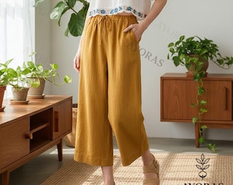 Women’s Linen Cropped Pants – Flax & Hemp Drawstring Trousers, Loose Fit Mid-Waist Summer Lounge Pants, Boho Minimalist Style