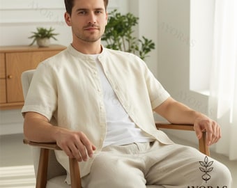 Linen Cotton Men’s Short Sleeve Stand Collar Shirt – Breathable Summer Button Up, Casual Lightweight Top, Minimalist Relaxed Fit Clothing