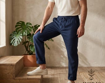 Men’s Tapered Linen Pants – Lightweight Relaxed Trousers, Minimalist Resort Wear, Casual Beach Outfit