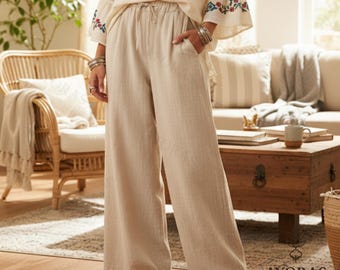 Women’s Cotton Linen Wide Leg Pants – Loose Mid-Waist Drawstring Trousers, Boho Minimalist Lounge Wear, Comfy Vintage Style Clothing