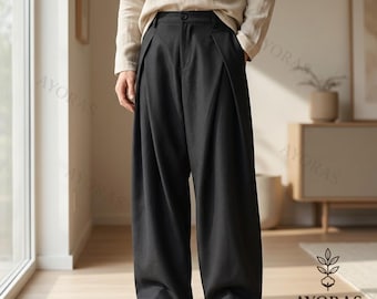Mens High Waisted Wide Leg Trousers – Double Pleated Loose Fit Slacks, Minimalist Tailored Pants, Smart Casual Autumn Winter