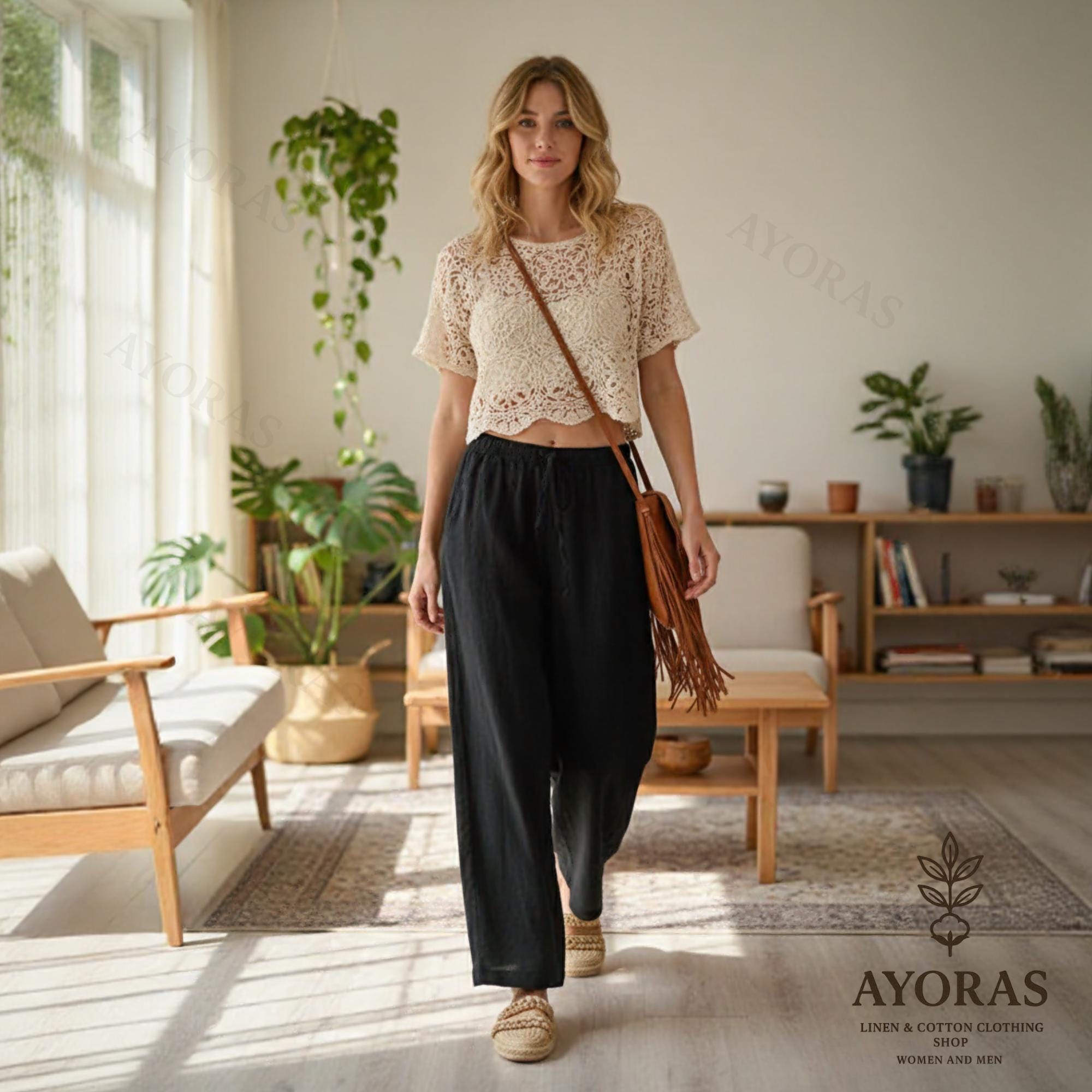 Linen Cotton Pants for Women Loose Wide Leg Trousers With Elastic Drawstring Waist