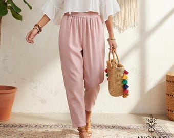 Women’s Relaxed Fit Cropped Pants, Elastic Waist, Loose Tapered Style