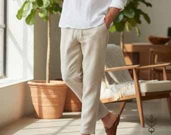 Men’s Linen Pants – Casual Drawstring Trousers, Lightweight Summer Beachwear, Breathable Relaxed Fit Linen Slacks
