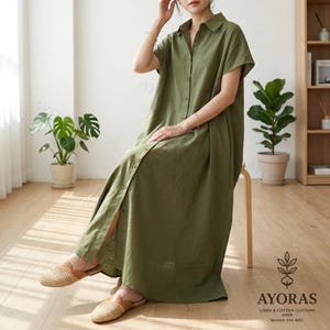 Linen Loose Fit Maxi Shirt Dress – Button Down Summer Dress, Flowy Casual Dress, Minimalist Long Dress, Comfortable Plus Size Outfit