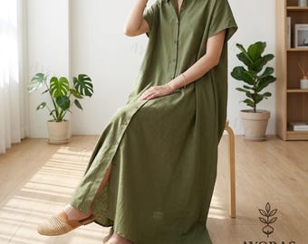 Linen Loose Fit Maxi Shirt Dress – Button Down Summer Dress, Flowy Casual Dress, Minimalist Long Dress, Comfortable Plus Size Outfit