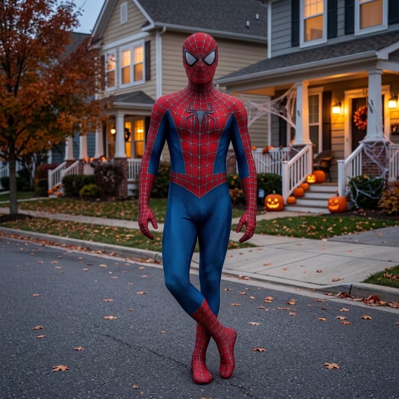 May include: A full-body Spider-Man costume featuring a red and blue spandex suit with a black web pattern overlay. The chest displays a black spider emblem, and the mask includes large, white, almond-shaped eye lenses with a black border outline.