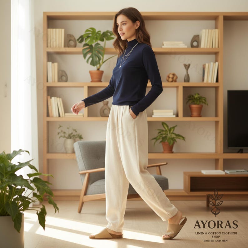 Puede incluir: Una mujer con una camisa azul marino de manga larga y pantalones de lino color crema, con un collar y sandalias. El fondo muestra una estanter&iacute;a de madera y plantas. Imagen de Ayoras Linen & Cotton Clothing Shop, tienda de ropa de lino y algod&oacute;n.