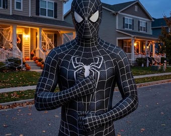 Puede incluir: Un disfraz de superhéroe de cuerpo completo en blanco y negro con tela texturizada, un emblema de araña blanco prominente en el pecho y un patrón de telaraña detallado que cubre todo el traje, incluida la máscara con grandes lentes oculares blancos.