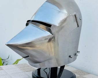 Medieval Hounskull Bascinet Helmet | Polished Steel Pigface Knight Helmet | 14th Century Gothic Armor for LARP, Cosplay, and Historical