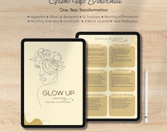 May include: Two black tablets with the text "Glow Up Journal" and "One Year Transformation". One tablet displays a line drawing of a woman's face with flowers. The other tablet shows a "Glow-Up Blueprint" with daily rituals and habits.
