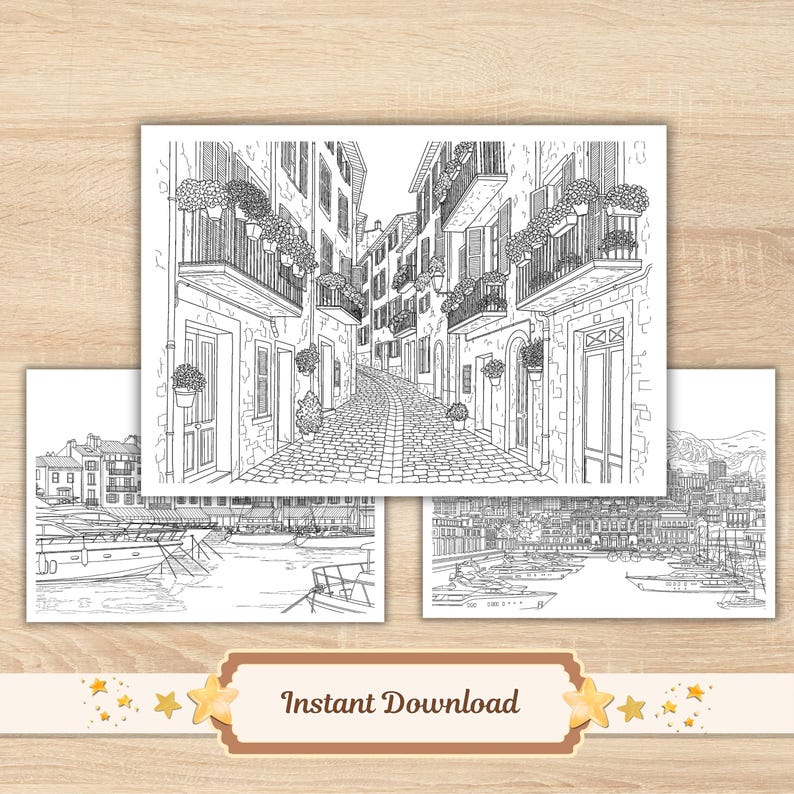 French Riviera Sceneries Coloring Pages for Adults, Mindfulness Stress ...