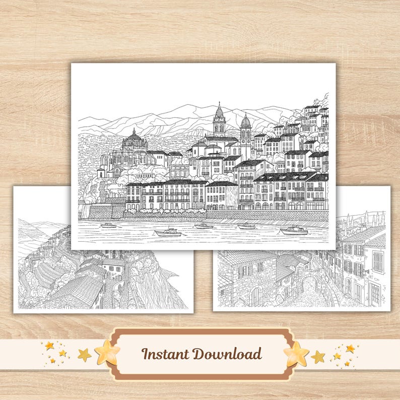 French Riviera Sceneries Coloring Pages for Adults, Mindfulness Stress ...