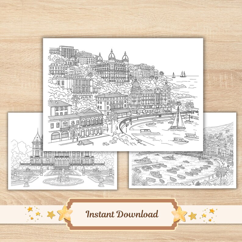 French Riviera Sceneries Coloring Pages for Adults, Mindfulness Stress ...