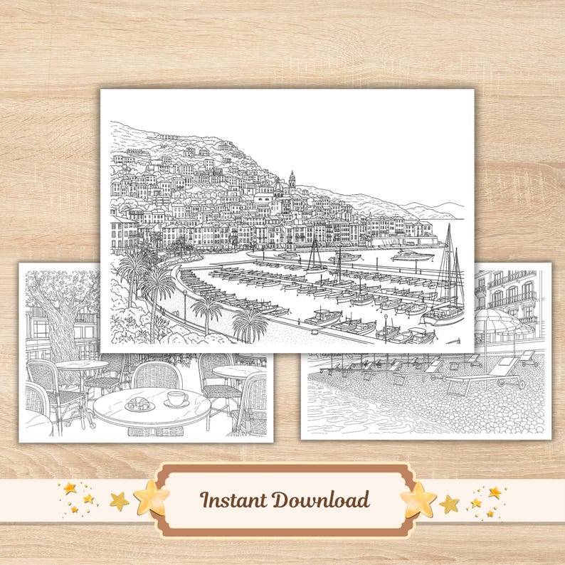 French Riviera Sceneries Coloring Pages for Adults, Mindfulness Stress ...