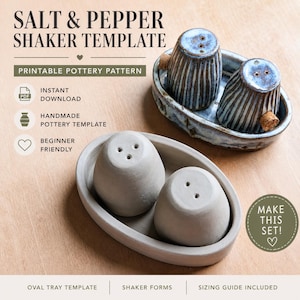 May include: A salt and pepper shaker template with the text "SALT & PEPPER SHAKER TEMPLATE". The image shows two sets of salt and pepper shakers, one in a light blue and the other in a light gray color. The text "PRINTABLE POTTERY PATTERN" is also visible.