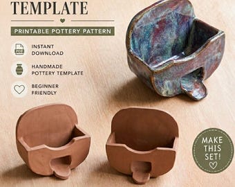 May include: Image of a sponge holder template with the text "SPONGE HOLDER TEMPLATE" and "PRINTABLE POTTERY PATTERN". The image shows a finished sponge holder with a blue, purple, and green glaze, and two unglazed terracotta sponge holder forms. The text "MAKE THIS SET!" is also visible.