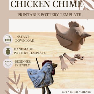 Puede incluir: Una plantilla de cerámica imprimible titulada CHICKEN CHIME que muestra una figura de pollo de arcilla, un carillón de pollo esmaltado en azul y blanco con un cordón negro, y piezas de arcilla separadas que incluyen patas y una pieza rectangular.