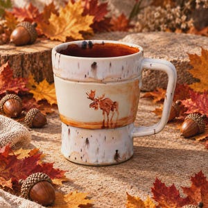 Puede incluir: Una taza de cerámica con un acabado blanco texturizado que recuerda a la corteza de abedul, con una ilustración pintada en marrón de un alce en la parte frontal. El interior es de color marrón rojizo intenso y tiene un asa robusta.