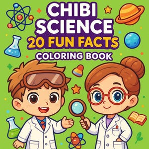 Puede incluir: Ilustración colorida para un libro para colorear infantil titulado "Chibi Science 20 Fun Facts Coloring Book". La portada presenta dos científicos de dibujos animados, equipo de laboratorio, planetas y estrellas sobre un fondo verde.