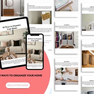May include: A digital tablet and smartphone display the title "50 Ways to Organize Your Home" with a declutter guide. The tablet shows a living room scene with a sofa, coffee table, and decorative items. The smartphone mirrors the tablet's display.