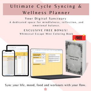 Puede incluir: Un planificador de bienestar digital con el texto "Ultimate Cycle Syncing & Wellness Planner". La imagen muestra un teléfono inteligente, una tableta y un ordenador portátil que muestran una hoja de cálculo. También se incluye un libro para colorear gratuito.