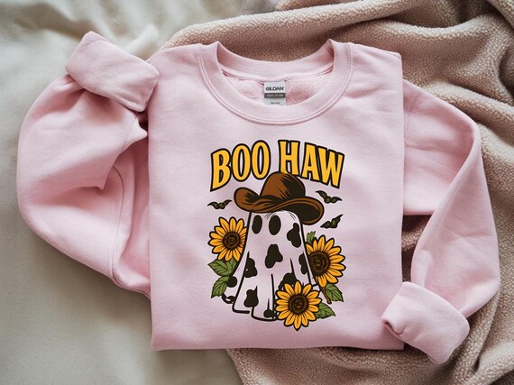 Boo Haw PNG, Cow Spot Ghost Western Halloween png, Sublimation Sunflowers Retro Fall png, Spooky Cowgirl Vibes Country Funny Shirt Design