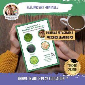Puede incluir: Una actividad de arte imprimible para el aprendizaje preescolar. La hoja verde y blanca presenta una búsqueda de texturas con imágenes de hoja lisa, corteza rugosa, roca áspera, hierba suave y patrón de pétalos. El texto dice "Feelings Art Printable" y "Thrive in Art & Play Education".
