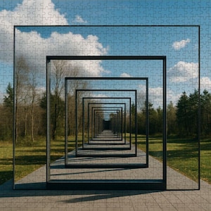 May include: A completed jigsaw puzzle featuring a series of black square frames receding into the distance, creating a tunnel effect. The background shows a blue sky with clouds, trees, and a grassy field. The puzzle is a landscape scene.