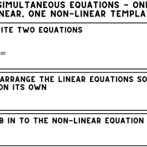 Könnte beinhalten: Eine schwarz-weiße Vorlage zur Lösung simultaner Gleichungen. Die Vorlage enthält Anweisungen zum Schreiben von zwei Gleichungen, zum Umstellen linearer Gleichungen und zum Einsetzen in die nichtlineare Gleichung. Der Text ist in einer gut lesbaren Schriftart gehalten.