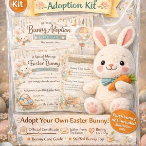 May include: An Easter Bunny Adoption Kit in clear packaging containing an official adoption certificate, a letter from the Easter Bunny, a bunny care guide, and a plush bunny toy holding a carrot. Text includes Easter Bunny Adoption Kit.
