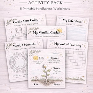 Op de afbeelding: Een verzameling van vijf afdrukbare mindfulness werkbladen met de titel "Mindful Moments Activity Pack". De werkbladen bevatten opdrachten voor zelfreflectie, zoals het creëren van een kalmerende fles, een mindful tuin en een mandala. Het ontwerp bevat bloemen en botanische illustraties.