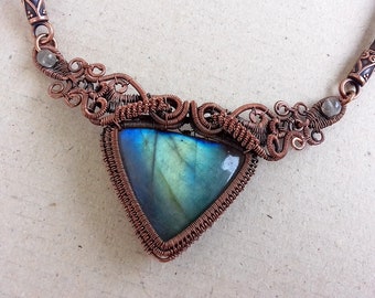 Ethnic Tribal Choker With Labradorite Stone Wire Wrapped Copper And Leather Neckpiece
