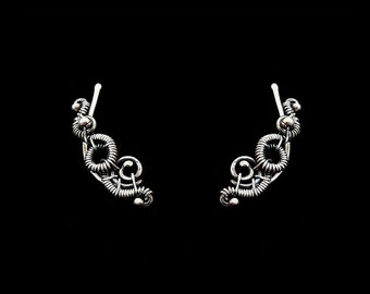 Wire Wrapped Ear Climber - Gothic Pin Earrings - 925 Sterling Silver - Plain Silver Collection