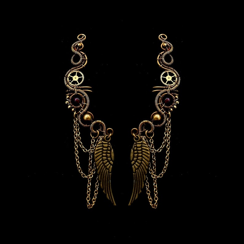 Boucles d'oreilles steampunk Clip cartilage avec chaîne et aile Piercing faux hélice image 3