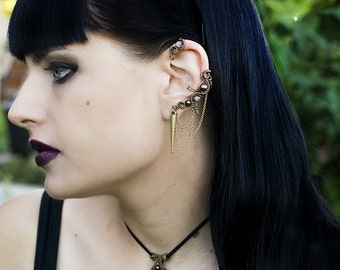 Ear Cuff Wrap - Gothic Cuff Earrings With Chains And Spike - Cuff Jewelry - Wire Wrapped - Gothic collection