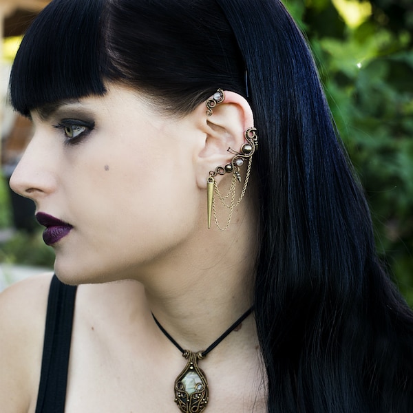 Ear Cuff Wrap - Gothic Cuff Earrings With Chains And Spike - Cuff Jewelry - Wire Wrapped - Gothic collection