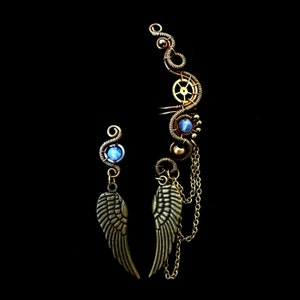 Wing Ear Cuff Set Fake Cartilage Earring Feather Ear Cuff Steampunk Gear Bohemian Style Designer Earrings Steampunk Collection image 1